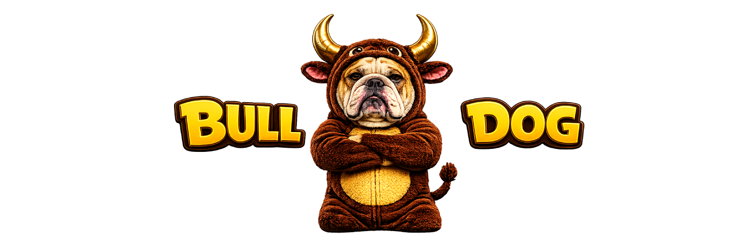 $BULLDOG — a muscular bulldog wearing a bull costume with horns, between the words BULL and DOG
