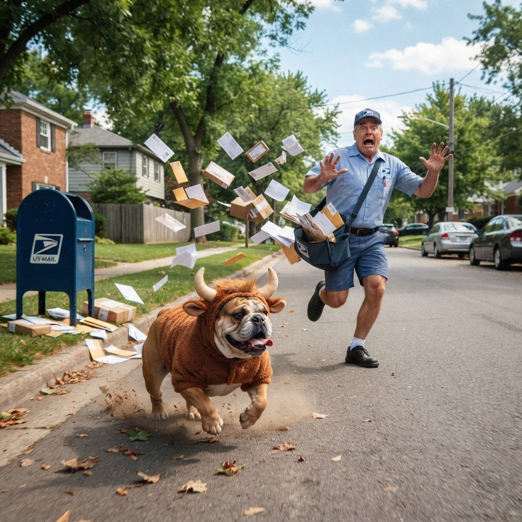 The $BULLDOG mascot chasing a mailman down the street