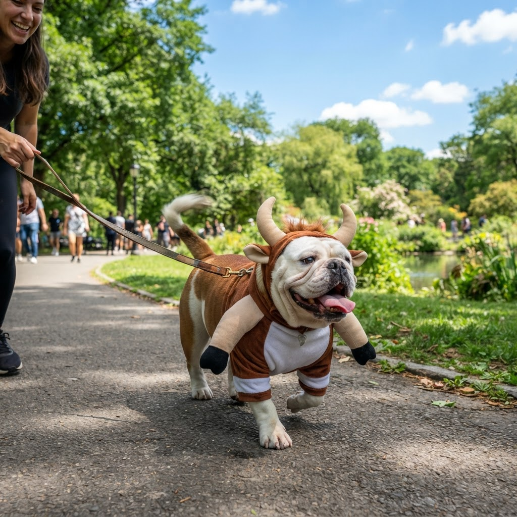 The $BULLDOG mascot being walked through a sunny park